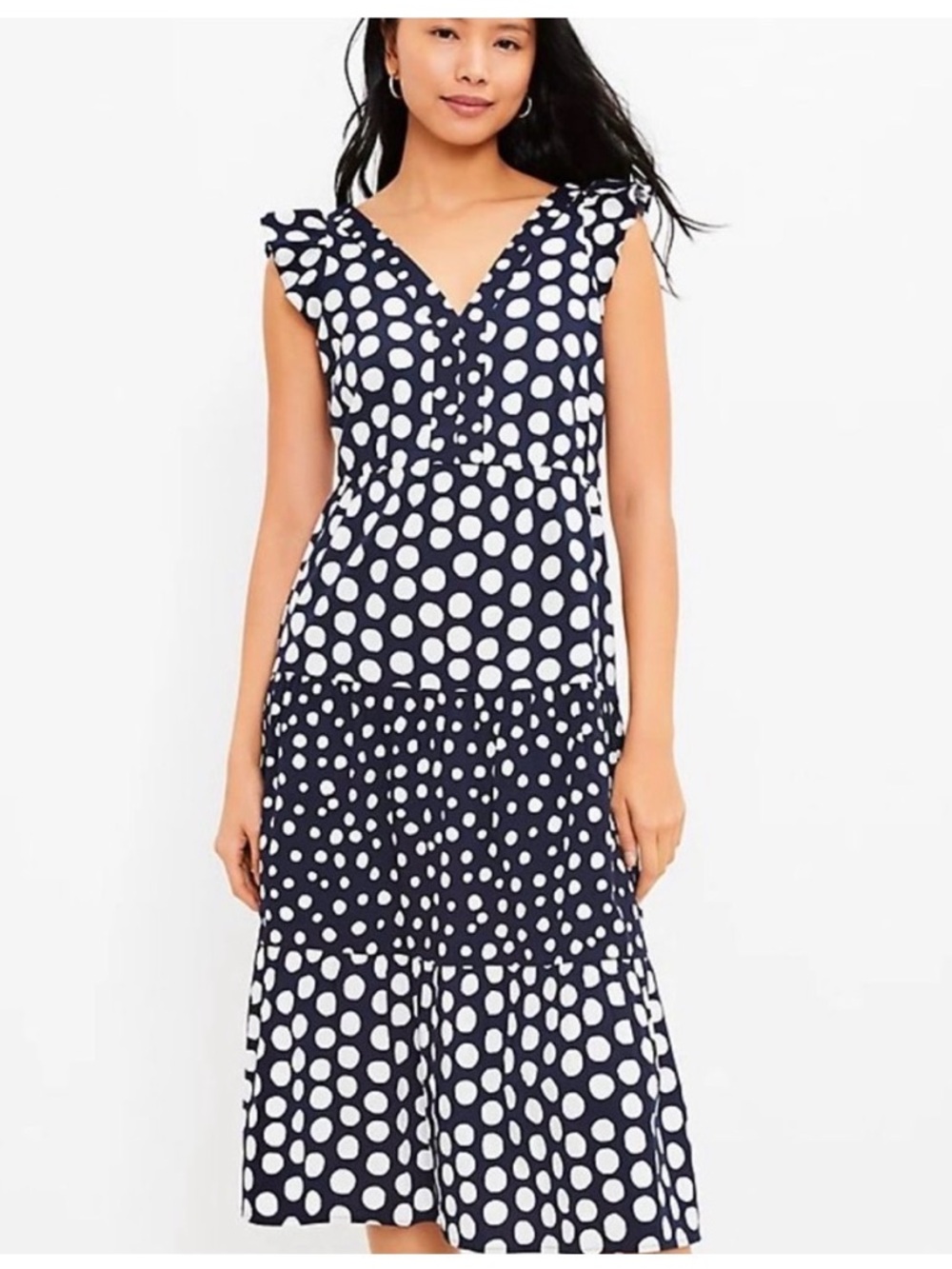 LOFT Navy and White Polka Dot V-Neck Midi Dress